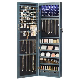 SONGMICS 6 LEDs Mirror Jewelry Cabinet, 47.2-Inch Tall Lockable Wall or Door Mounted Jewelry Armoire Organizer with Mirror, 2 Drawers, Christmas Gifts,3.9 x 14.6 x 47.2 Inches, Rustic Blue UJJC93IN