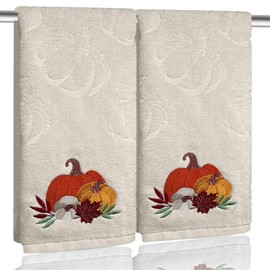 2 Pcs Beige Fall Hand Towels for Bathroom 100% Cotton White Jacquard Embroidered Pumpkin thanksgiving bath towels bathroom kitchen towels decorative gift set Holiday Home Decor (Beige Pumpkinl)