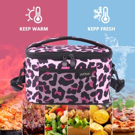 ONTESY Leopard Print Lunch Box for Women, Thermal Insulation Mini Lunch Cooler Pail for All Ages Adults Teens Kids with Adjustable Shoulder Strap for Work School (Pink)