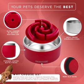 FAHRMOSIS 32 OZ Dog Bowl with Slow Feeder Insert | Stainless Steel Dog Bowls for Medium & Large Breed | Non Slip Dog Bowls & Silicone Slow Feeder Dog Bowls | Slow Feeder and Water Bowl Set - Red