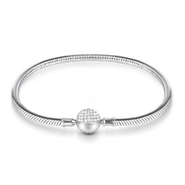 GNOCE Charm Bracelet Sterling Silver Rose Gold Plated DIY Snake Chain "Endearing Gifts For Her" Basic Charm Bracelet Dainty Bangle with Crystal Round Shape Clasp (1Silver, 7.1)
