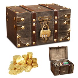 Forhandy Wooden Treasure Chest Box, Storage Vintage Treasure Chest Wood with Lock, Children's Treasure Chest for Storage, Children's Birthday Decoration, Gifts