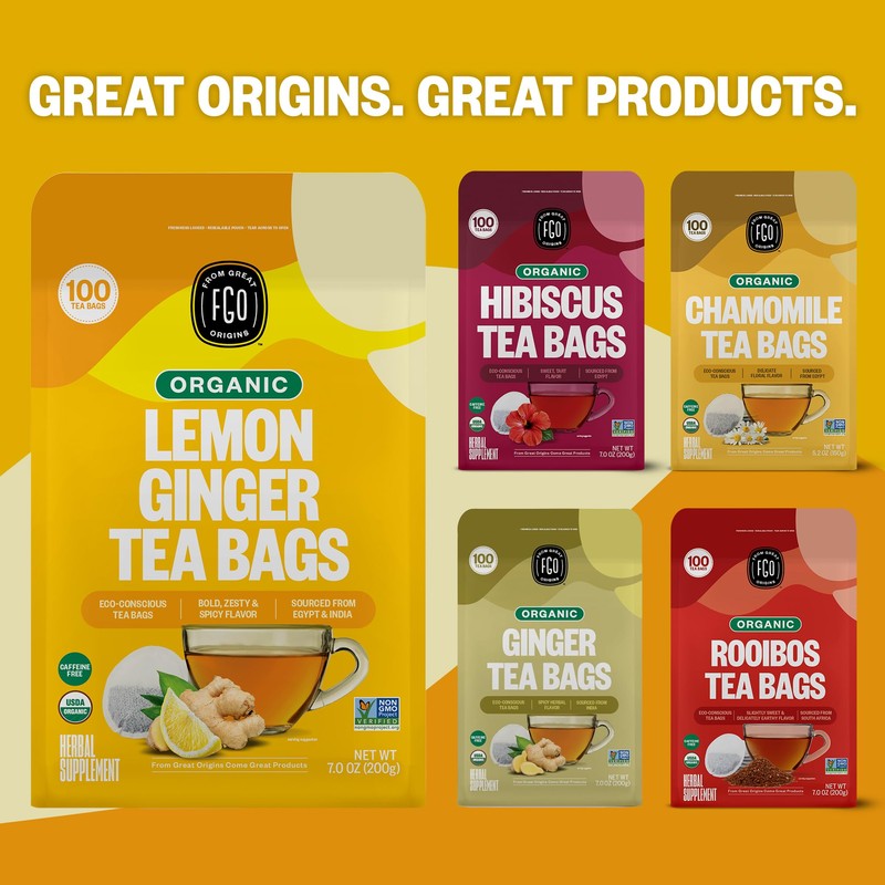 FGO Organic Lemon Ginger Tea, 100 Count, Eco-Conscious Tea Bags,