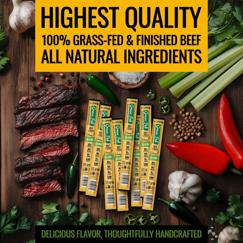 Tillamook Country Smoker 100% Grass Fed Beef Sticks, Zero Sugar,