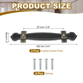 PATIKIL 6.4" Leather Drawer Pulls with Iron Sheet, 2 Pcs Leather Strap Trunk Handle Cabinet Knobs Hardware Replacement with 22mm Screws for Dresser Door Suitcase Luggage, Black