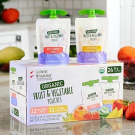 Kirklant Organic Fruit and Vegetable Pouches – Variety Pack, 24 Count (3.17 oz Each) – No Sugar Added, Gluten Free, USDA Organic, Kosher – Kids Snack with Real Fruit & Veggies