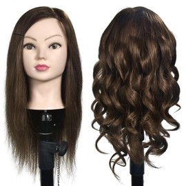 Mannequin Head 16 - 18 Inch Female 100% Real Hair Hairdresser Cosmetology Mannequin Training Head Hair Doll Head with Table Clamp Holder