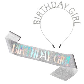 ccHuDE Birthday Girl Tiara and Sash Kit Rhinestone Birthday Crown Birthday Queen Glitter Sash Birthday Girl Headband Birthday Tiara for Women Girls Silver