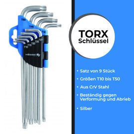 Högert Technik - TORX Set Schlüssel I TORX Schraubendreher set von 9 Stück I Größen T10 bis T50 I Aus Chrom-Vanadium-Stahl I Beständig gegen Verformung und Abrieb I HT1W818 - Silber