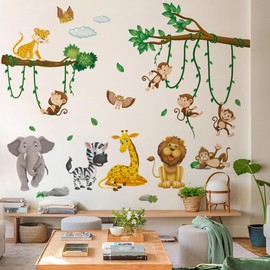 Traziewell 0205 Wall Sticker Children's Room Wall Sticker Jungle Forest Animals Trees Deer Elephant Monkey Insert in Living Room Wall Decoration