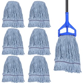 6 Pack Mop Head Replacement Commercial Heavy Duty Cotton Blue Mop Heads Replacement Reusable Looped End String Mop Refill for Industrial Residential Use