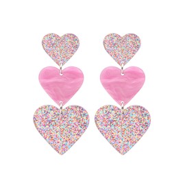 Simple Cute Pink Earrings Dangle for Women, Unique Lightweight Geometric Resin Three Pink Heart Dangle Drop Earrings Jewelry (Colorful)