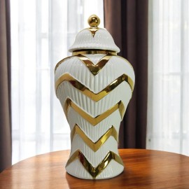 Homeroots 18" White and Gold Chevron Urn Ceramic Ginger Jar