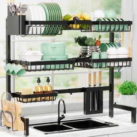 Sakugi Dish Drying Rack - Over The Sink Dish Drainer Drying Rack with Utensil & Knife Holder, Hooks, Stainless Steel Kitchen Organizers and Storage Solution, 11" D x 31.5"~39.0''W x 30.5" H, Black