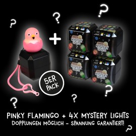 MegaLight Blind Box Mini Night Lights for Children, Pack of 5, Mystery Box, Pinky Flamingo + 4 out of 9 at Random, Infinitely Dimmable, with Pendant, 4 Different Light Colours, EGGY'S Mystery Lights