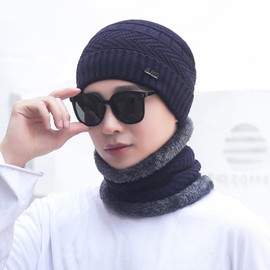 Atsmoce® Winter Hat and Tube Scarf Set, Winter Warm Beanie Hat and Scarf Set for Men and Women, with Thick Fleece Lining, darkblue