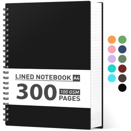 AHGXG Spiral Notebook College Ruled - Spiral Journal Notebook 8.5" x 11" Large A4, 300 Pages Lined Journal, 100GSM Thick Paper, Plastic Hardcover, for Women Men Office School Writing Work, Black