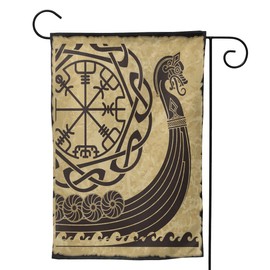 Outdoor Garden Flag, 12.5 x 18 Inches / 30 x 45 cm Flag, Legend Boat Warship of Vikings Drakkar Ancient Scandinavian Norse Runes Vintage Ship Double Sides Print, Home Decor Seasonal Yard Sign Banner