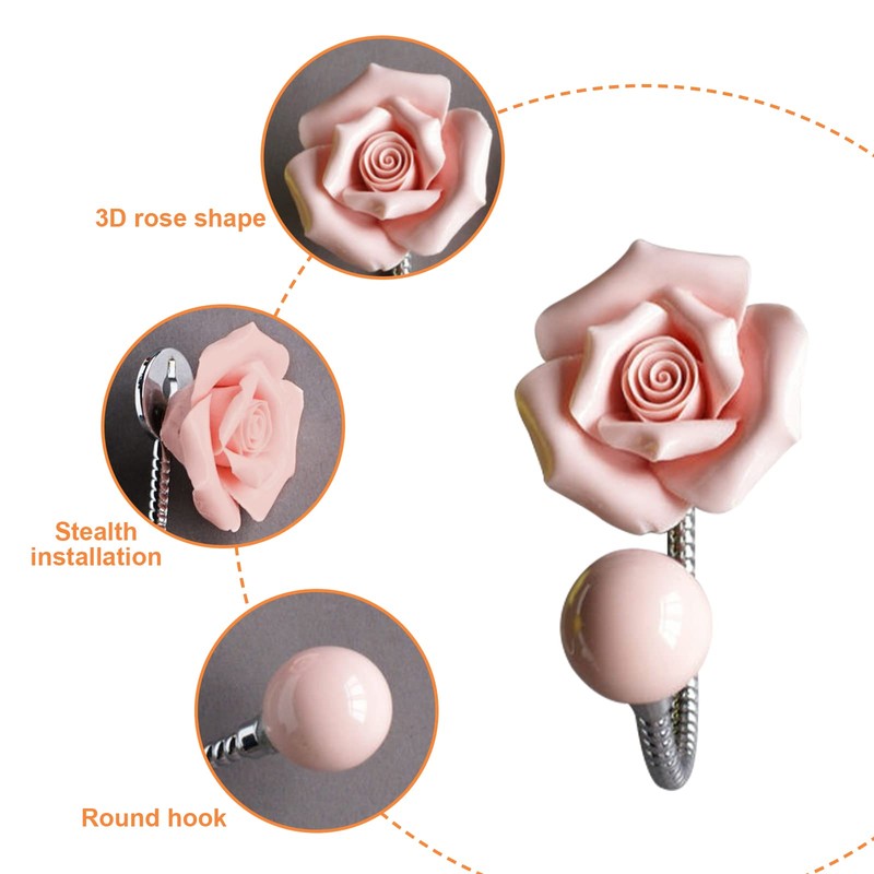 MOROBOR Pink Flower Ceramic Wall Coat Hook 3D Rose Shape