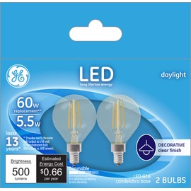 GE Lighting 31219 Clear Finish Light Bulb Dimmable LED Daylight Decorative G16.5 Globe 5.5 (60-Watt Replacement), 500-Lumen Candelabra Base, 2 Count (Pack of 1)