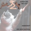 KINGNOW Woman and Cat Statue Wood Figurine Handcraft Kitty Ornament