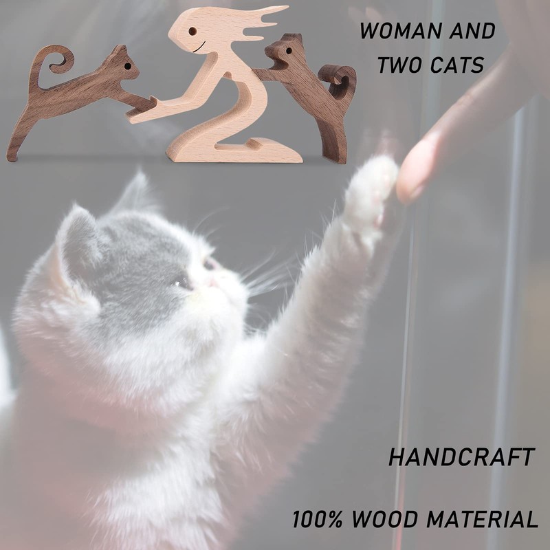 KINGNOW Woman and Cat Statue Wood Figurine Handcraft Kitty Ornament