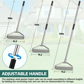 Thatch Rake, Stainless Steel Dethatching Rake with Double Sided Stainless Steel Blades to Replace, Handle Adjustable 38 to 69 Inch, Versatile Dethatcher for Lawns, Leaves, Dead Grass, Loosening Soil
