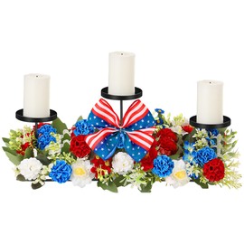 Mumufy 18. 5" Big Patriotic Table Centerpiece Decorations, 4th of July Candle Holder Red White and Blue Artificial Flower Wreath Ring USA American Flag Bow for Independence Memorial Day(Elegant Style)