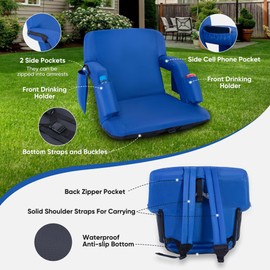 FANTAWESO Folding Stadium Seat with Adjustable Back Support - Extra Wide 25'' Bleacher Chairs w/Armrests, Thick Padding - Stadium Cushion Camping Chairs, 6 Pockets, Blue