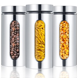 Mimorou 3 Pcs Stainless Steel Canister Set with Glass Windows Visible Storage Jars Silver Kitchen Canister Set for Pasta Flour Oat Sugar Container, Kitchen Tools, Housewarming Gifts(44 oz)