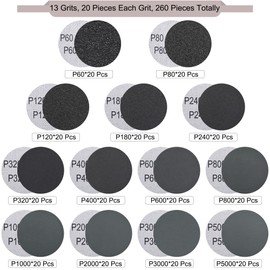 SIQUK Pack of 260 Velcro Sanding Discs 50 mm with 1/4 Inch Shank Wet Dry Sandpaper Round Sanding Pads Grit 60-5000 Sandpaper for Car Polishing Wood Metal