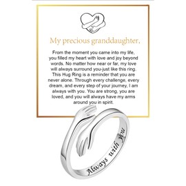 BlingNook Granddaughter Hug Ring, Stainless Steel Inspirational Hope Rings Jewelry Engraved Always With You Message Adjustable Non Tarnish Jewelry Birthday Gift (Silver)
