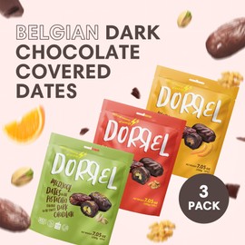 DORREL - Trio Bundle Pack: Belgian Dark Chocolate Covered Dates (Medjool) with Candied Orange Peels, Pistachio & Walnuts Stuffing, High Energy Vegan Choco Snack, Kosher & Non-GMO Pack of 3, 7.05 oz Ea