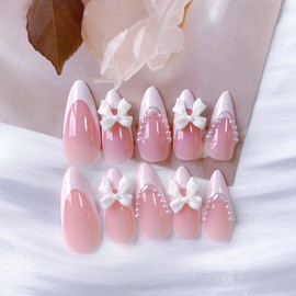 White French Tip Press on Nails Almond Medium Pink False Nails with White 3D Butterfly Pearl Decorations Nude Glossy Bow Fake Nails Pearl Nail Tips Full Cover Stick on Nails for Women Girls 24Pcs