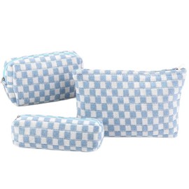 Makeup Bag 3 Pieces Large Capacity Checkered Cosmetic Bag Canvas Travel Toiletry Bag Organizer Cute Makeup Bag Pouch Storage Bag for Women - Color: Blue