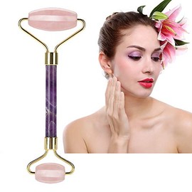 YUYTE Rodillo de Jade, Herramienta de Masaje de Doble Extremo para Cara, Ojos, Frente, Cuello con para Eliminación de Arrugas Antienvejecimiento y Cuidado de la (Cabeza de cristal rosa + vara de amatista)