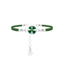 Shrieking Violet 925 Sterling Silver and Vegan Suede Round Real Flower Bracelet - Four-Leaf Clover (Green)