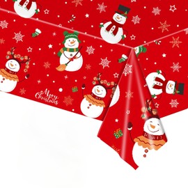 COSORO 137*274cm Plastic Christmas Tablecloths Party,Large Xmas Table Cloth Rectangle Red Snowman Christmas Tablecloth Disposable Party Table Cover for Christmas Party Tableware Decorations Tablecloth