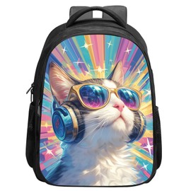 ALIFAFA Cat Backpack Cool Cat wear Sunglasses Love Music Bookbag, Cute Dj Cat School Backpack, Elementary School Boys Girls Backpack, 16 Inch Backpack with 2 Compartments, Colorful Rainbow Stars