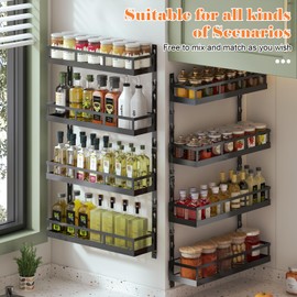 X-cosrack 8-Tier Adjustable Spice Rack – Wall-Mounted Space-Saving Organizer with Mixed Baskets, Large-Capacity Seasoning Holder for Kitchen & Pantry (Black)