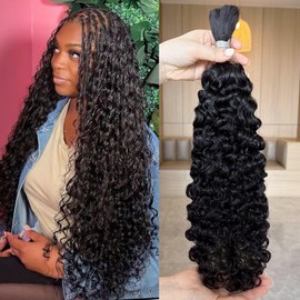 Lemoda Boho Human Braiding Hair Burmese Curly Bulk Human Hair Extensions For Bohemian Knotless Braids No Weft 16Inch 1Bundle/Lot 100g/1Bundle 1B Natural Black Salon-Quality