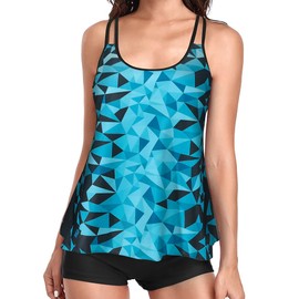 AutoWT Womens Two Piece Tankini Swimsuits, Tankini Bathing Suit Set, Tummy Control Swimwear with Removable Bra and Adjustable Shoulder Strap, Flowy Swim Tank Top with Boyshorts for Women