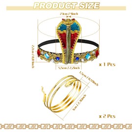 TBXNVG Pack of 3 Egyptian Costume Accessories, Egyptian Cobra Headpiece and 2 Pieces Whirlpool Snake Bracelet, Golden Cleopatra Costume Women's Accessory Set for Women Girls