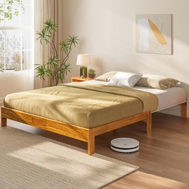 LINSY Wood Bed Frame Full Platform Bed, Retractable Bedframe with Solid Wood Slat Bases, Full-Size Wooden Platform Bed Frames Full Size, Boho Bed Frame No Headboard, No Box Spring Needed