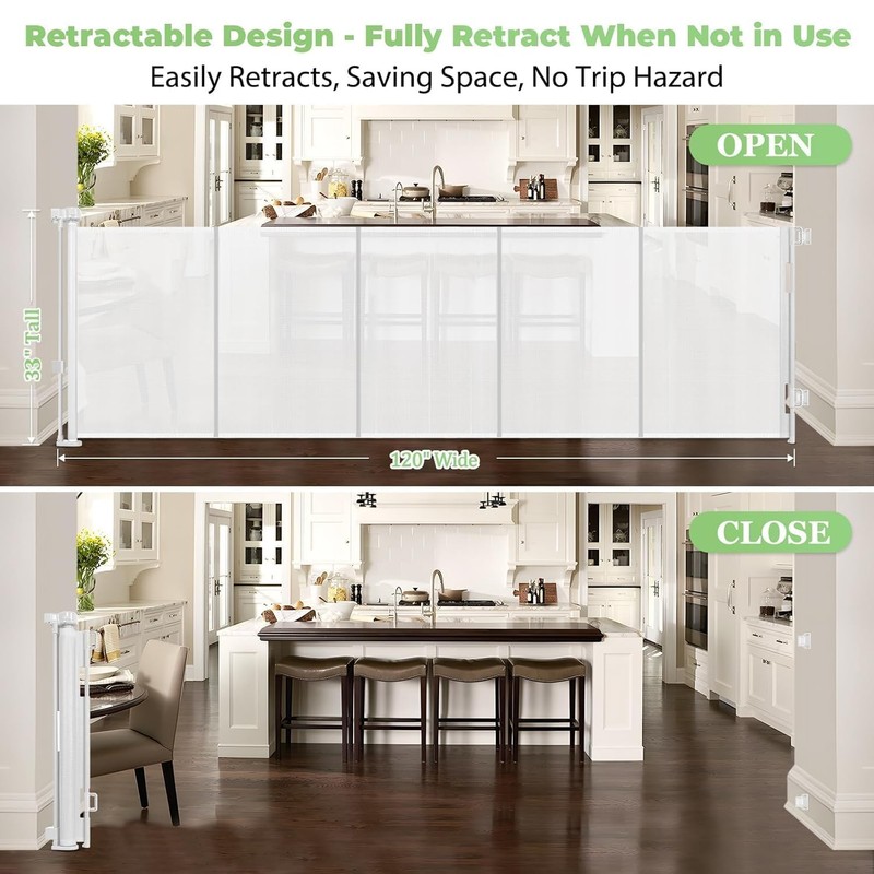 Reinforced 120 Inch Extra Long Retractable Baby & Dog Gate