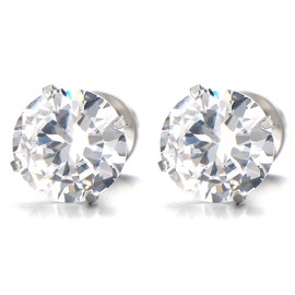 3-8 MM Mens Ladies White Cubic Zirconia Stud Earrings Stainless Steel Screw Back Post, 2pcs (7MM)(CA)