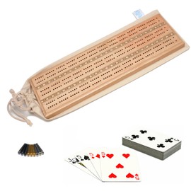 WE Games Deluxe Cribbage Set - Solid Oak Wood with Inlay Sprint 3 Track Board with Easy Grip Pegs, Deck of Cards & Canvas Storage Bag