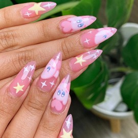 24PCS Almond Press on Nails, Medium Length Fake Nails, Pink French Acrylic False Nails with Cute Stars Design, Full Cover Glue on Nails Stiletto Stick on Nails for Women Girls Manicure Art