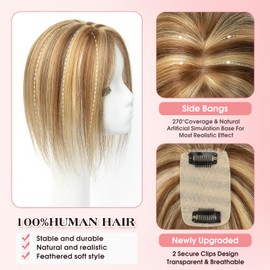 isheeny Hair Toppers For Women Real Human Hair Brown Highlight Honey 8Inch Human Hair Topper for Women, 2 Clips Secure Hold, Realistic Artificial-Base Scalp for Thinning Hair & Hair Loss