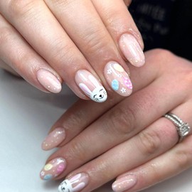 Easter Press on Nails Short Oval Fake Nails with Easter Eggs Bunny Dot Flowers Designs Nails Press ons Glossy Glue on Nails Light Pink Full Cover False Nails Easter Stick on Nails for Women 24Pcs